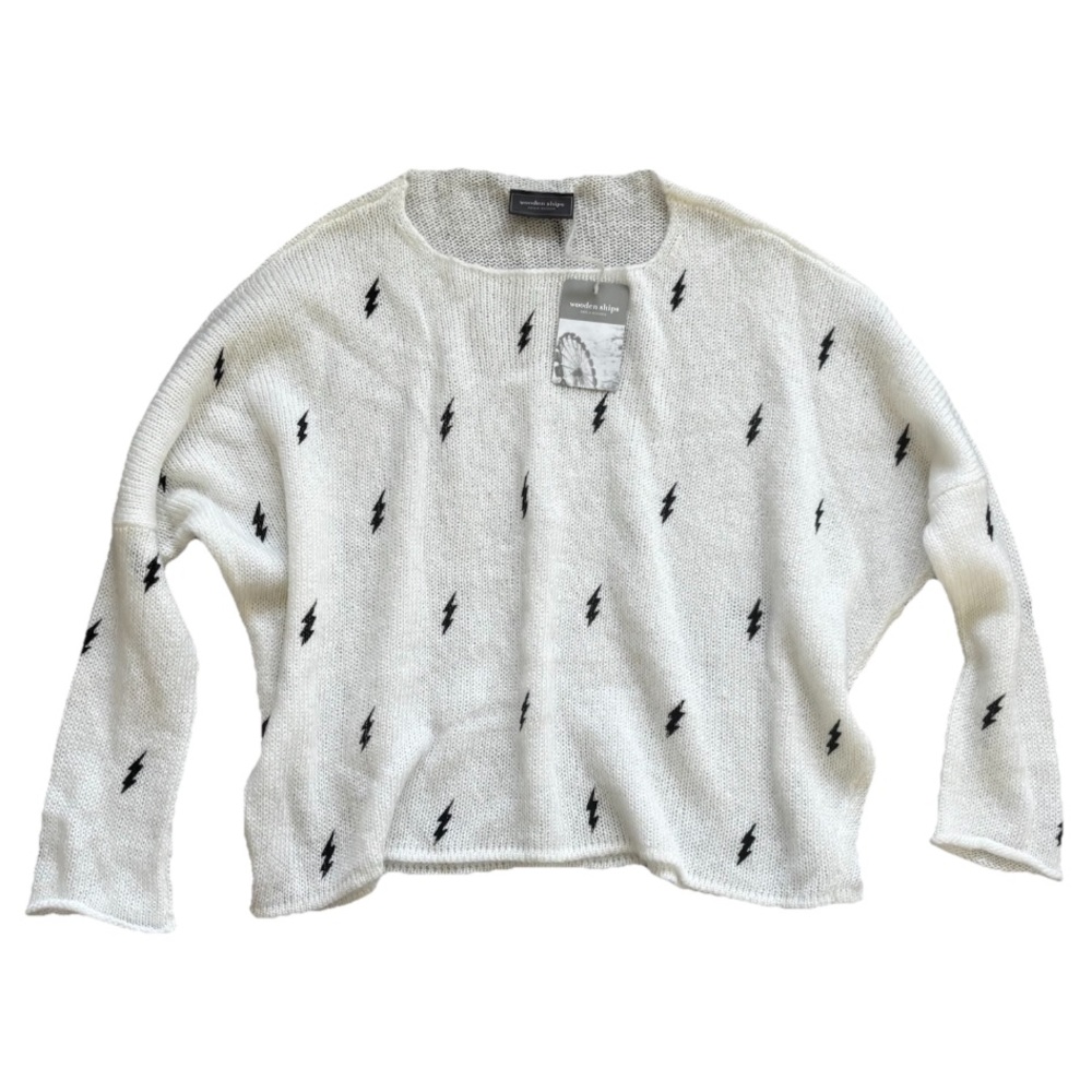 WOODEN SHIPS NWT Lightening Bolt Knit Crew Neck Sweater Gauzy Semi-Sheer Novelty - Picture 5 of 7